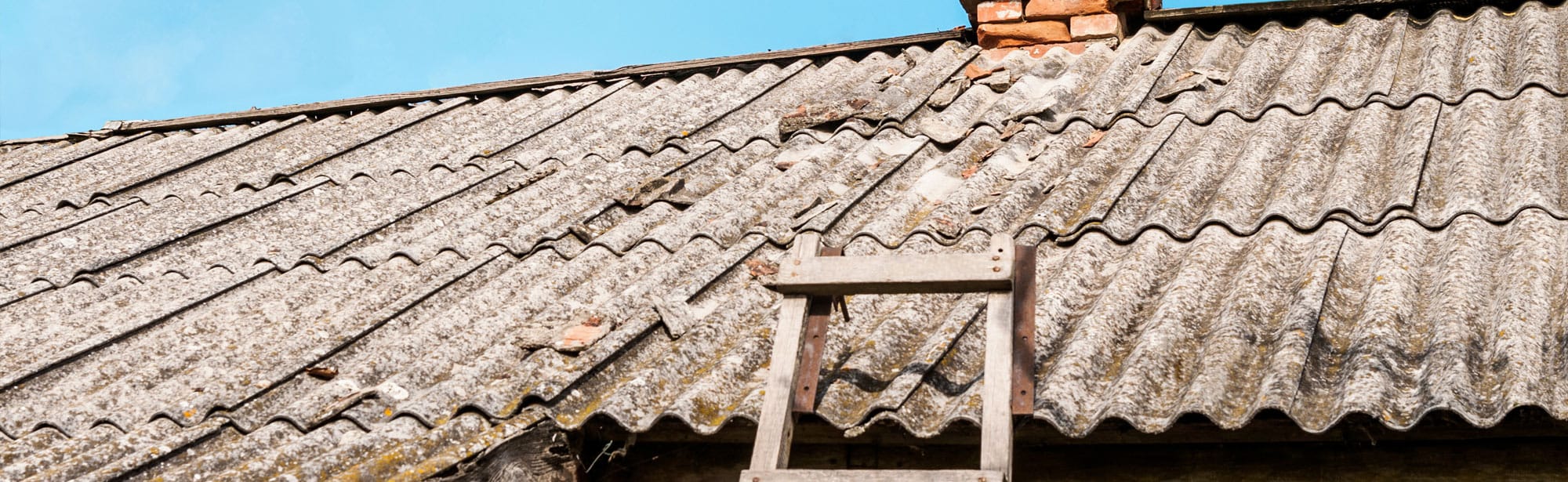 Damaged Asbestos Roof with Ladder Close-up of a damaged asbestos roof showing wear and a wooden ladder leaning against it.