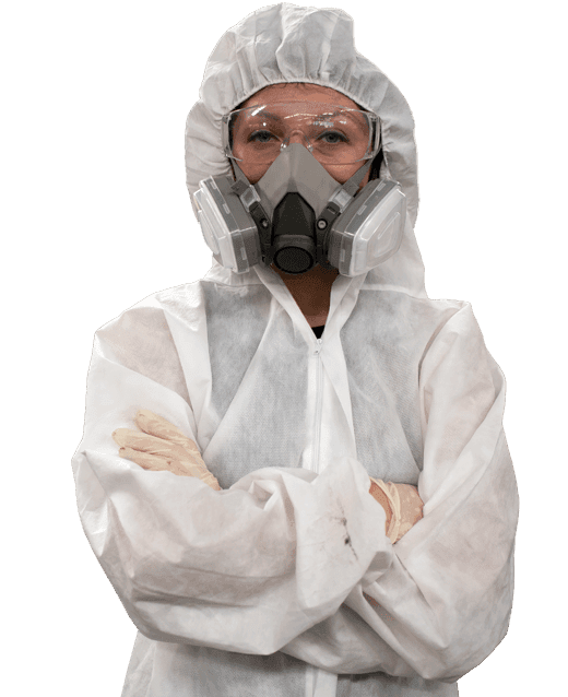 Worker in Protective Asbestos Suit A worker wearing a protective suit and respirator for asbestos handling.